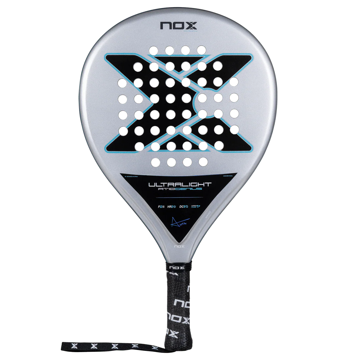 Front view of Nox AT10 Genius Ultralight padel racket with large sweet spot and lightweight design, designed for beginner players