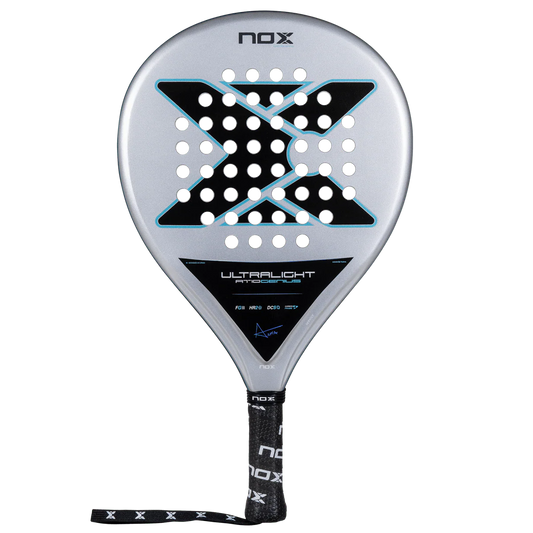 Front view of Nox AT10 Genius Ultralight padel racket with large sweet spot and lightweight design, designed for beginner players