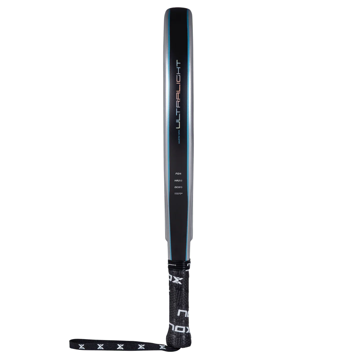 Side profile of Nox AT10 Genius Ultralight padel racket showing slim lightweight frame, designed for beginner players