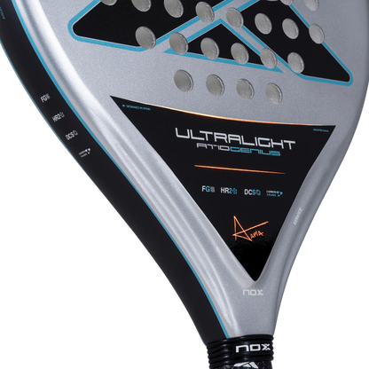 Nox AT10 Genius Ultralight padel racket throat detail showing lightweight construction and Tapia branding, designed for beginner players