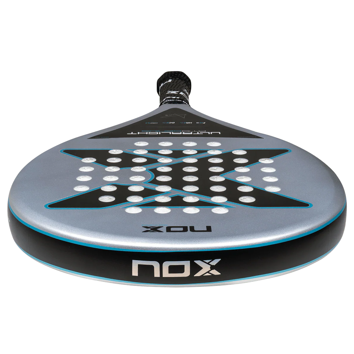 Underside view of Nox AT10 Genius Ultralight padel racket showing lightweight frame and balance, designed for beginner players