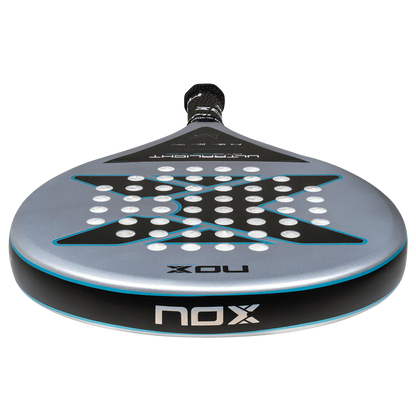 Underside view of Nox AT10 Genius Ultralight padel racket showing lightweight frame and balance, designed for beginner players