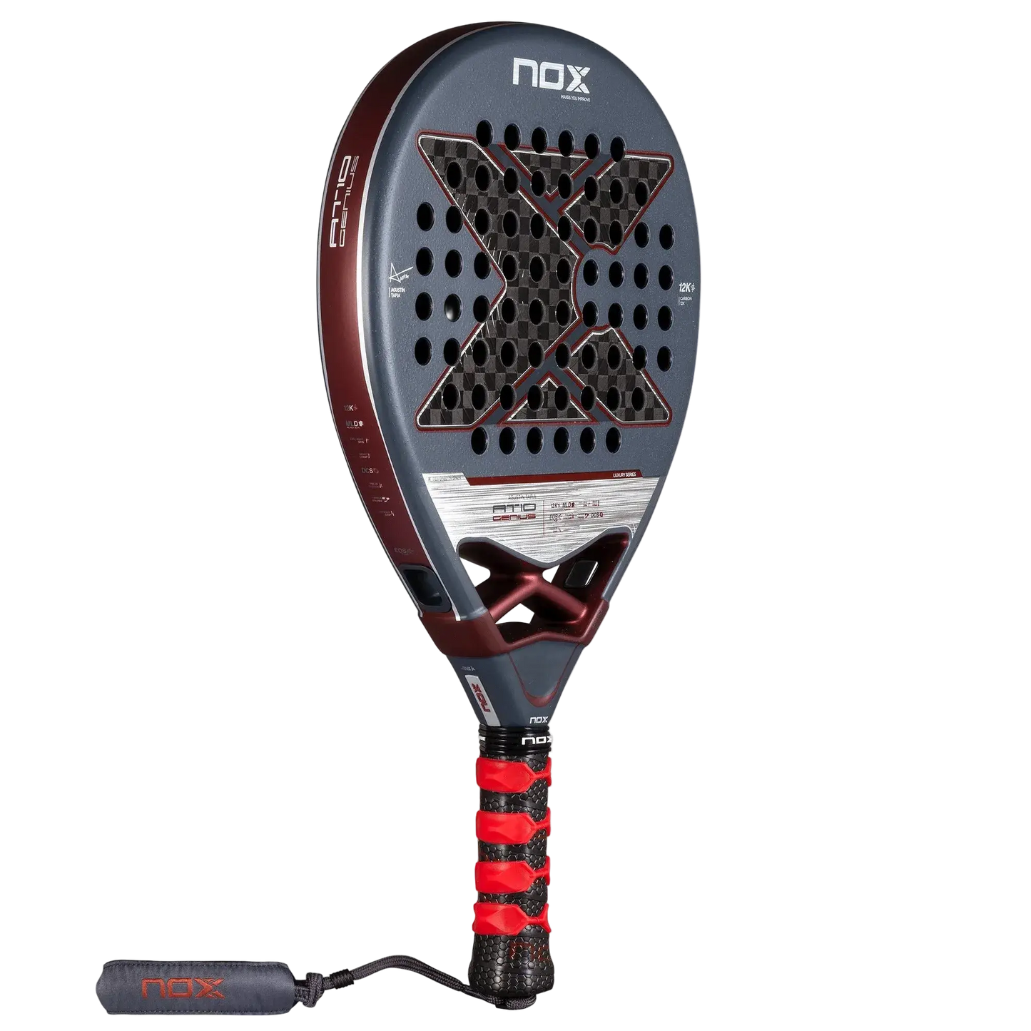 Nox AT10 Luxury Genius 12K 2025 padel racket angled front view highlighting sweet spot and face texture, designed for advanced players