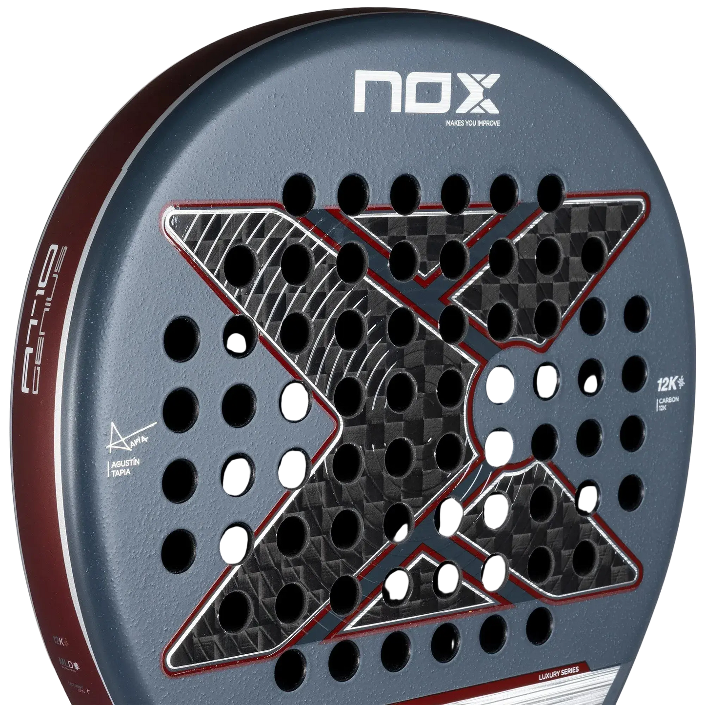 Nox AT10 Luxury Genius 12K 2025 padel racket face close up showing 12K carbon surface, designed for advanced players