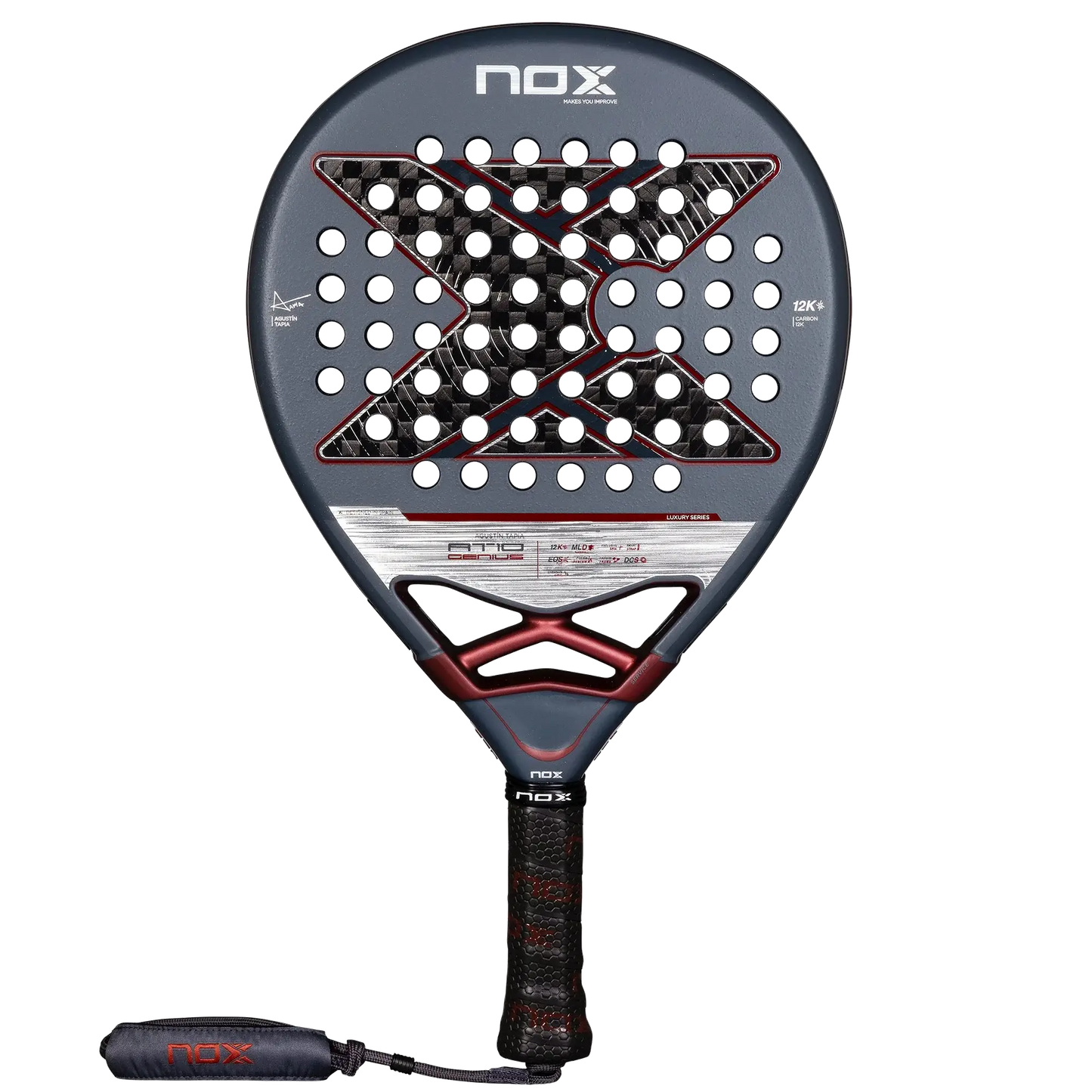 Nox AT10 Luxury Genius 12K 2025 padel racket front view with carbon face and precision drilling, designed for advanced players