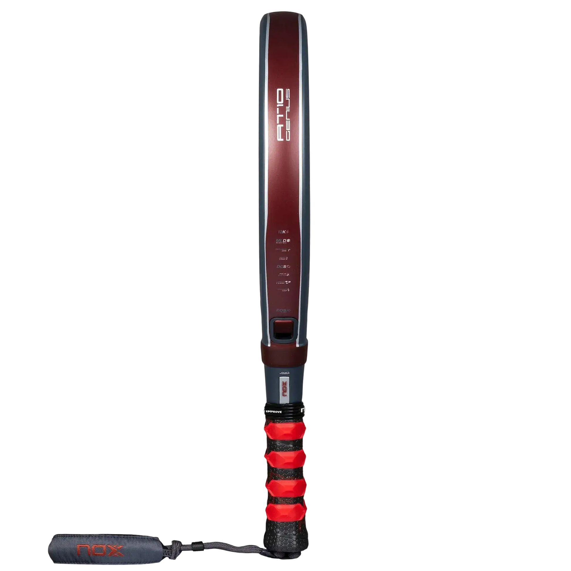 Nox AT10 Luxury Genius 12K 2025 padel racket side profile showing frame thickness and construction, designed for advanced players