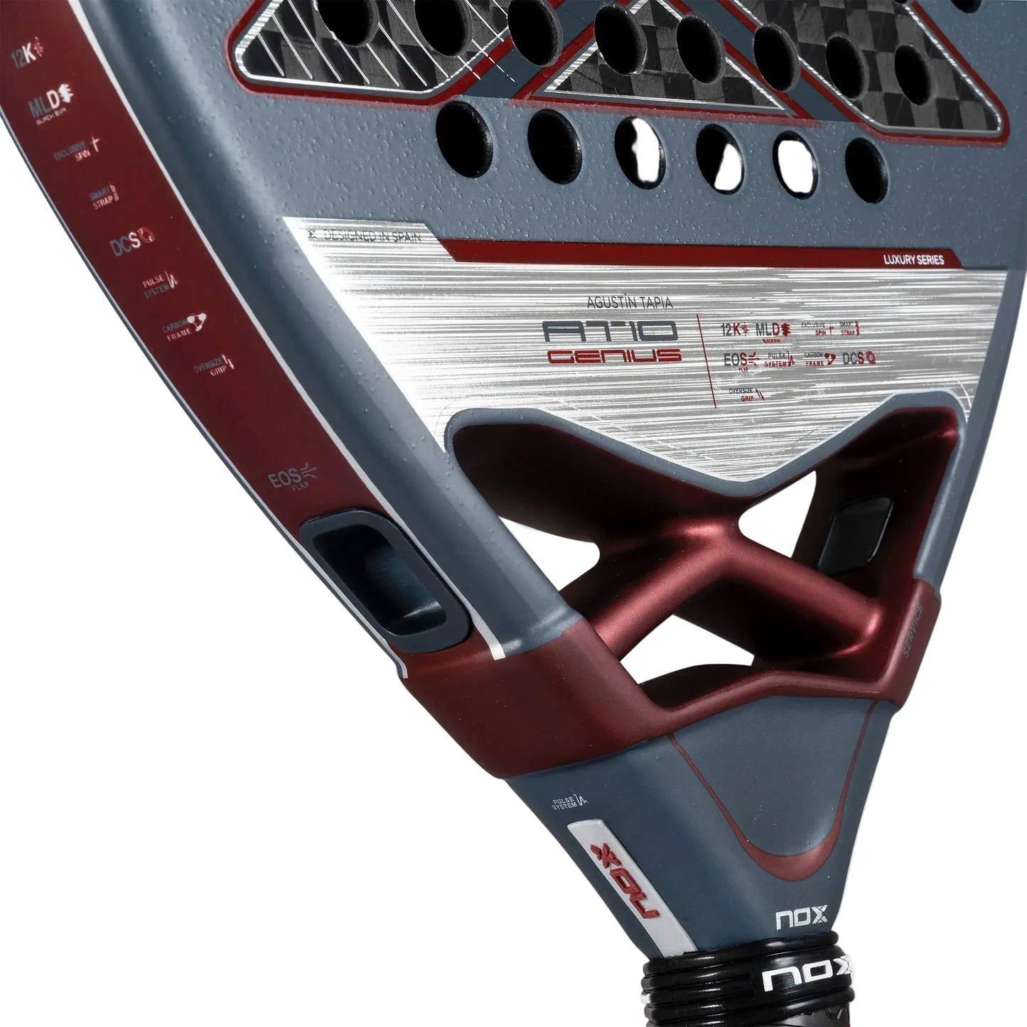 Nox AT10 Luxury Genius 12K 2025 padel racket face close up showing 12K carbon surface, designed for advanced players