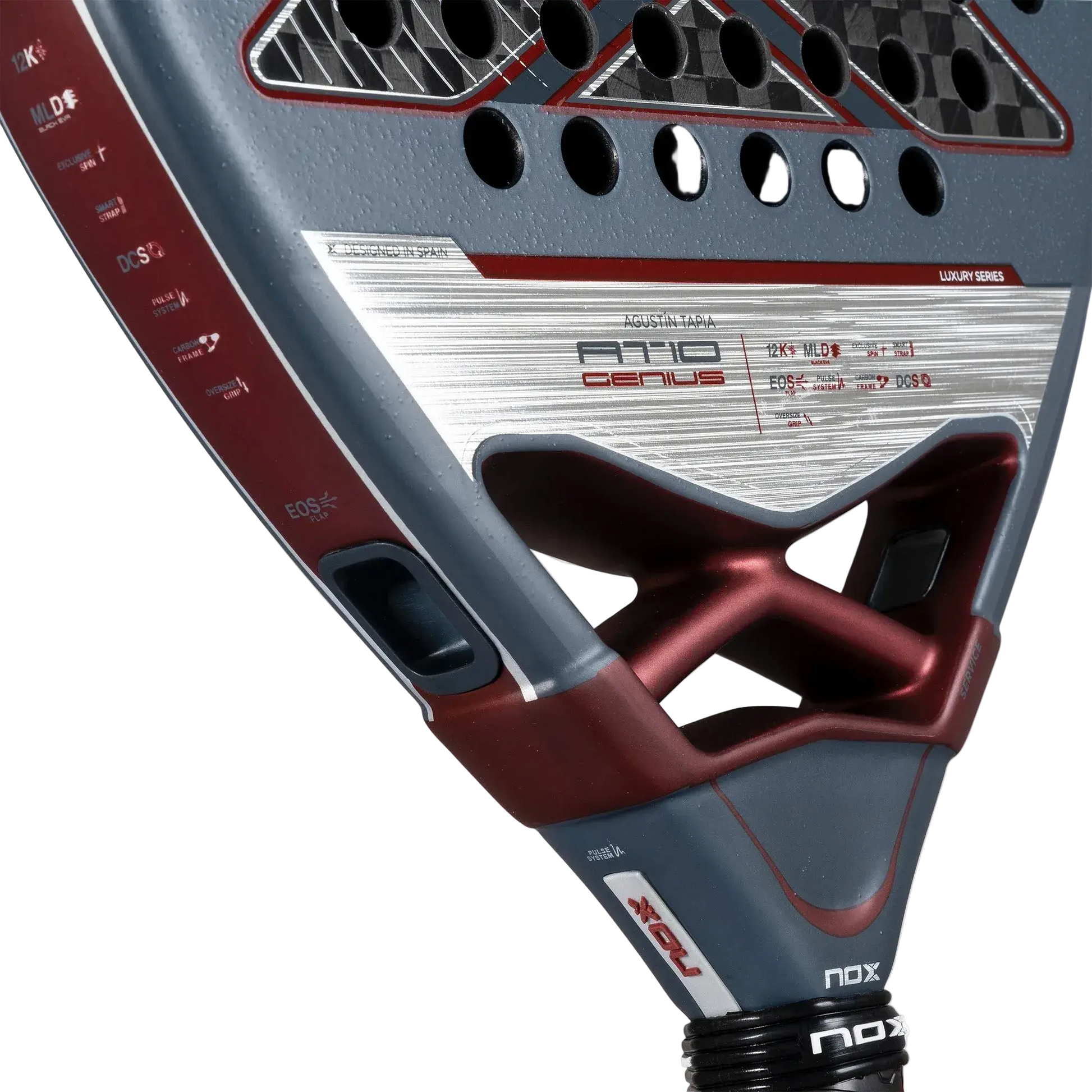 Nox AT10 Luxury Genius 12K 2025 padel racket face close up showing 12K carbon surface, designed for advanced players