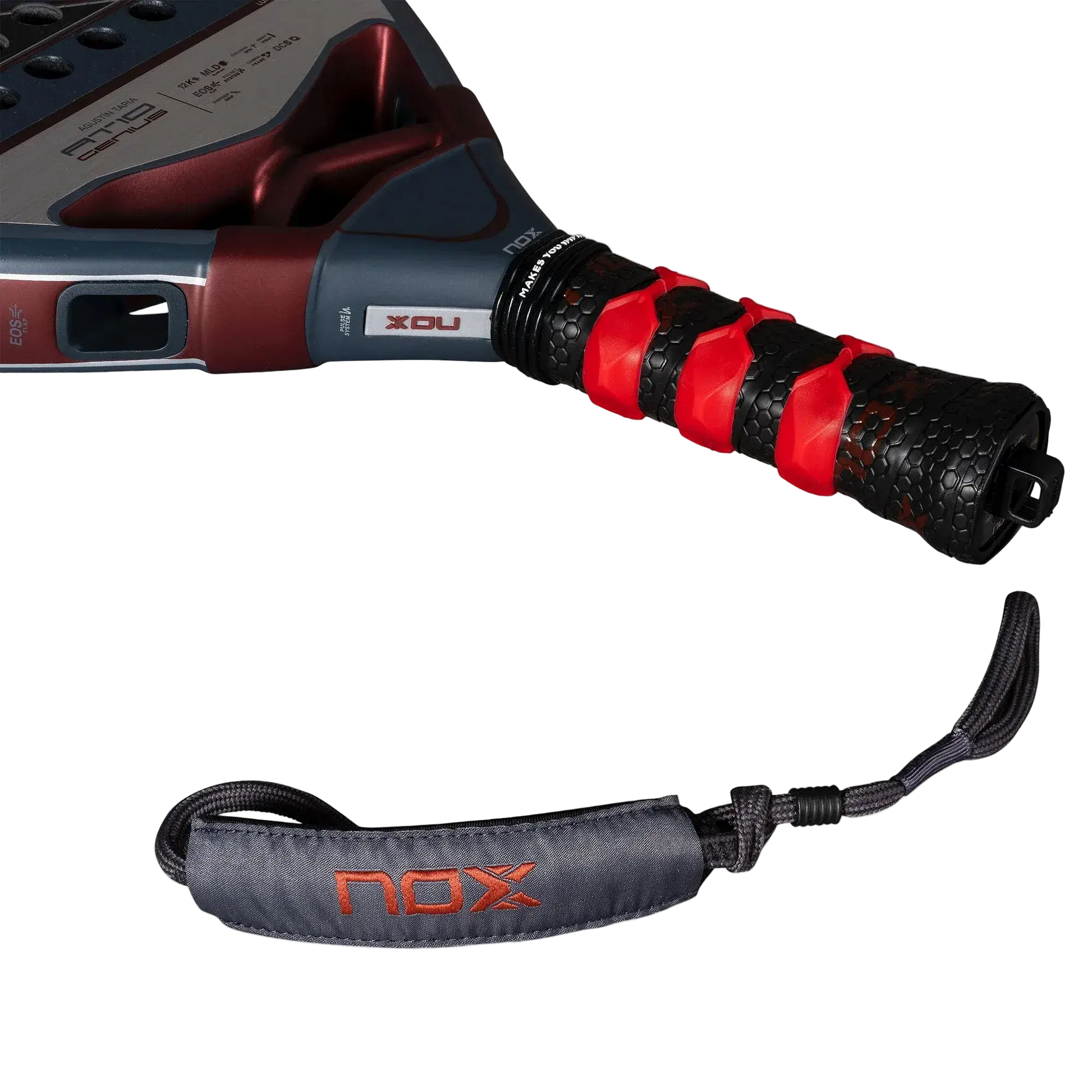 Nox AT10 Luxury Genius 12K 2025 padel racket wrist strap close up with NOX branding, designed for advanced players