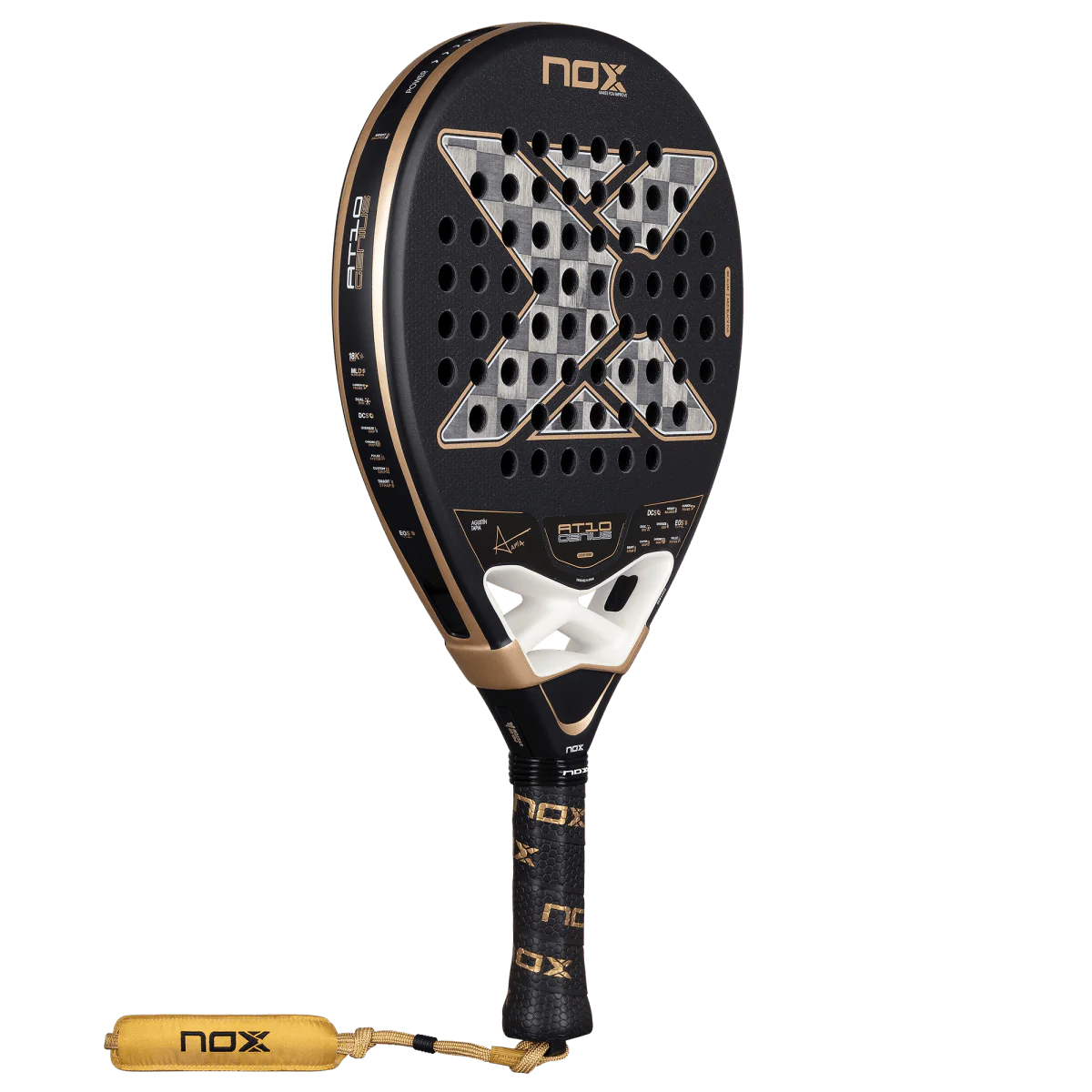 Nox AT10 Luxury Genius 18K Alum 2026 padel racket angled view showing teardrop shape and gold detailing, designed for advanced players