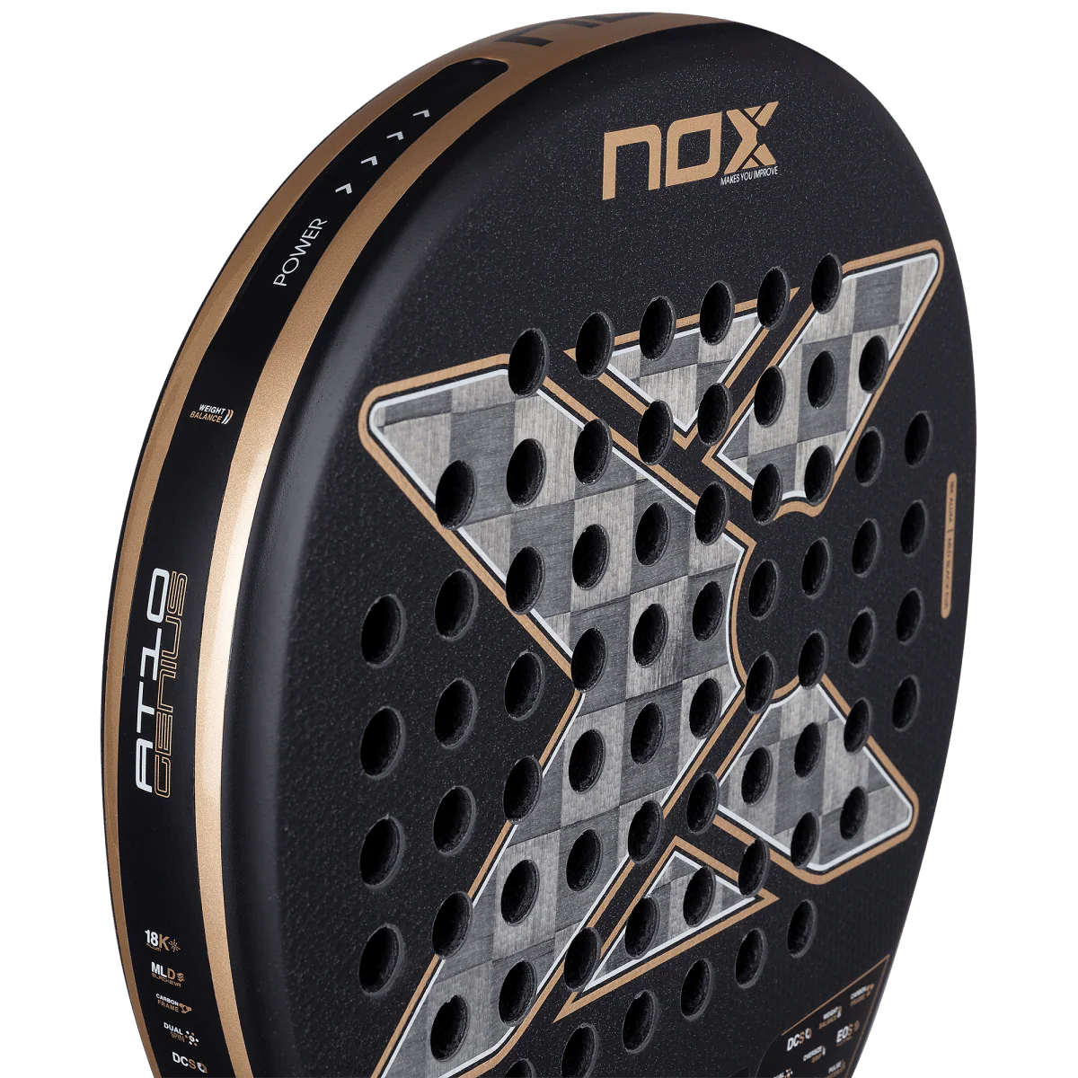 Nox AT10 Luxury Genius 18K Alum 2026 padel racket face close up showing carbon surface and hole pattern, designed for advanced players