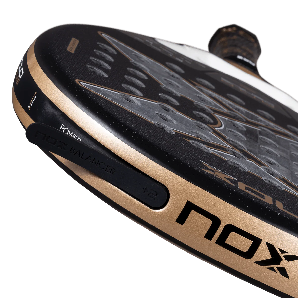 Nox AT10 Luxury Genius 18K Alum 2026 padel racket frame close up showing weight balancer system and edge detailing, designed for advanced players