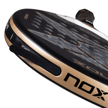 Nox AT10 Luxury Genius 18K Alum 2026 padel racket frame close up showing weight balancer system and edge detailing, designed for advanced players