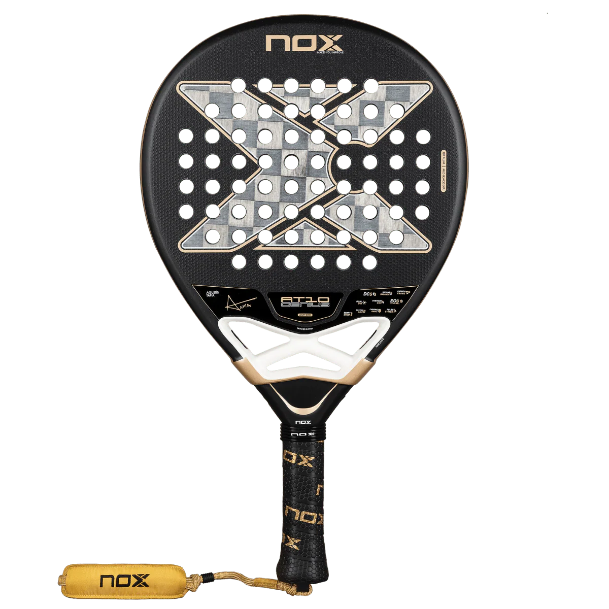 Nox AT10 Luxury Genius 18K Alum 2026 padel racket front view showing hole pattern and carbon face, designed for advanced players