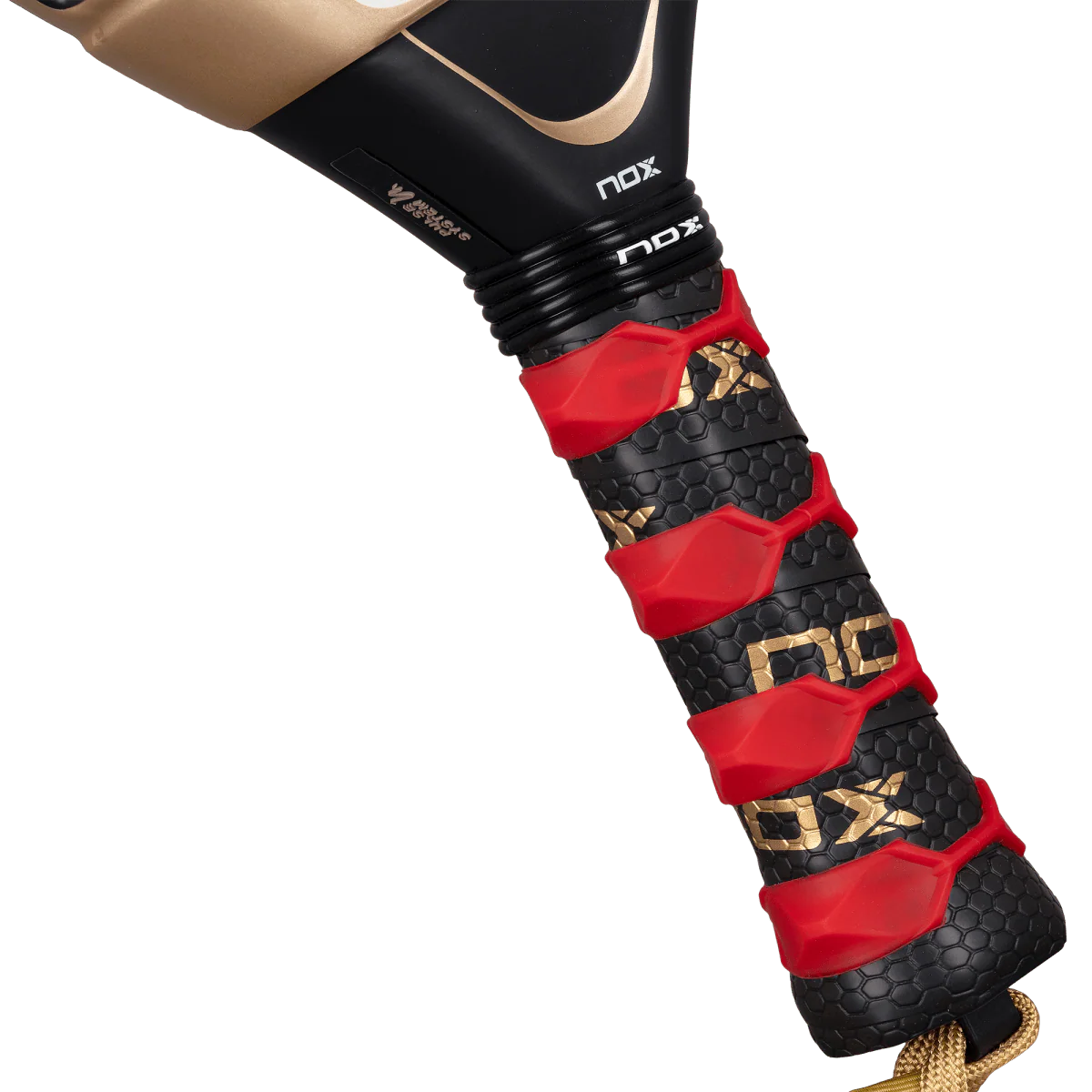 Nox AT10 Luxury Genius 18K Alum 2026 padel racket grip close up with red overgrip and hex texture, designed for advanced players