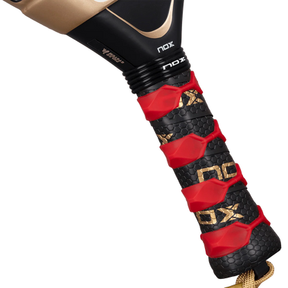 Nox AT10 Luxury Genius 18K Alum 2026 padel racket grip close up with red overgrip and hex texture, designed for advanced players