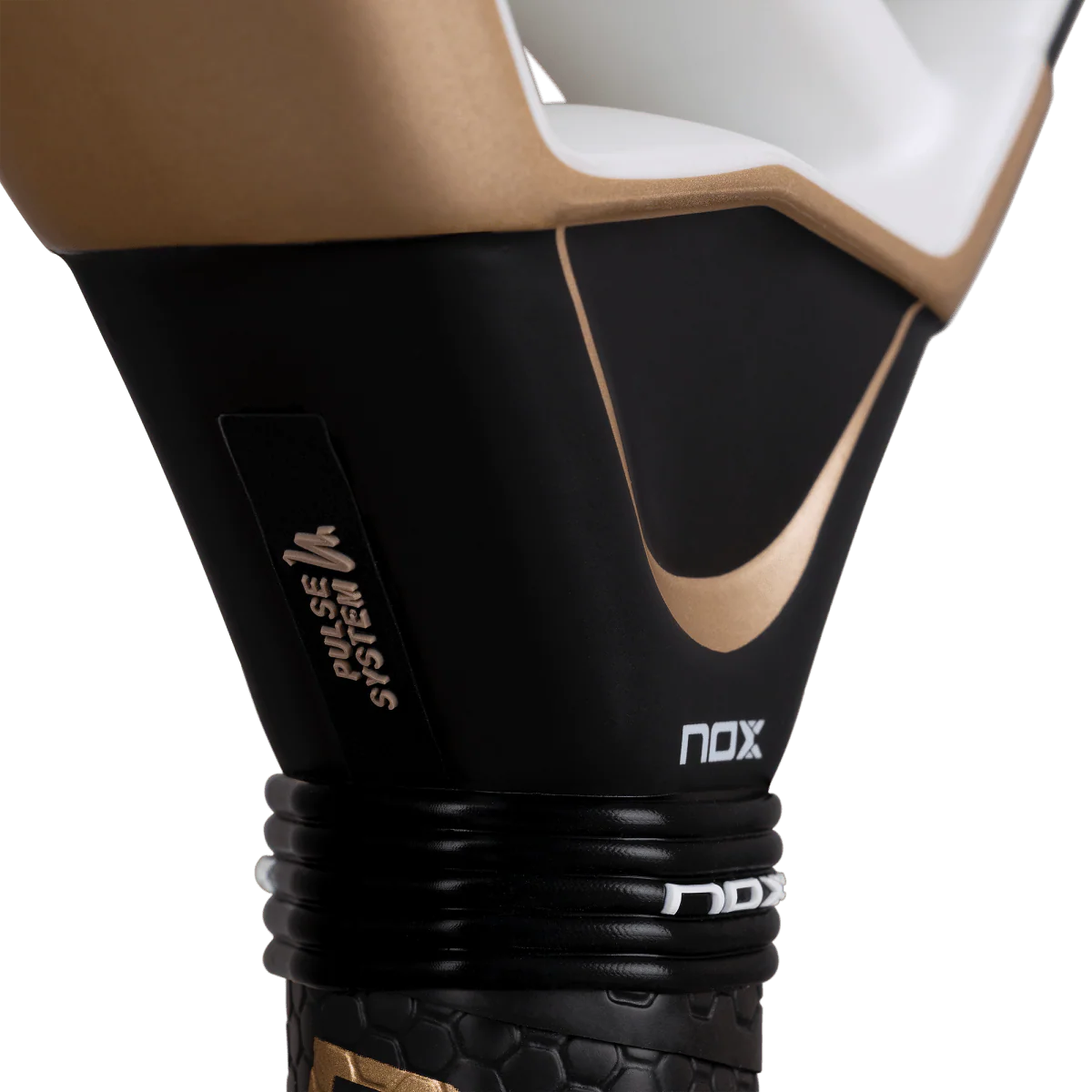Nox AT10 Luxury Genius 18K Alum 2026 padel racket handle base close up showing pulse system and grip connection, designed for advanced players