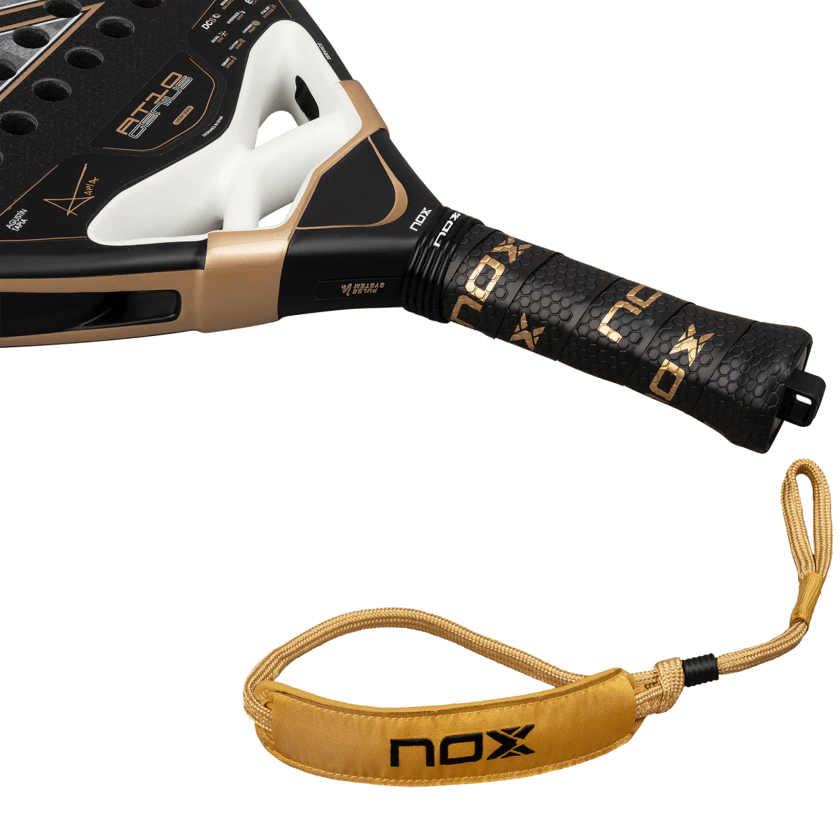 Nox AT10 Luxury Genius 18K Alum 2026 padel racket handle close up showing textured grip and wrist strap, designed for advanced players