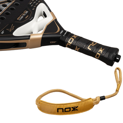 Nox AT10 Luxury Genius 18K Alum 2026 padel racket handle close up showing textured grip and wrist strap, designed for advanced players