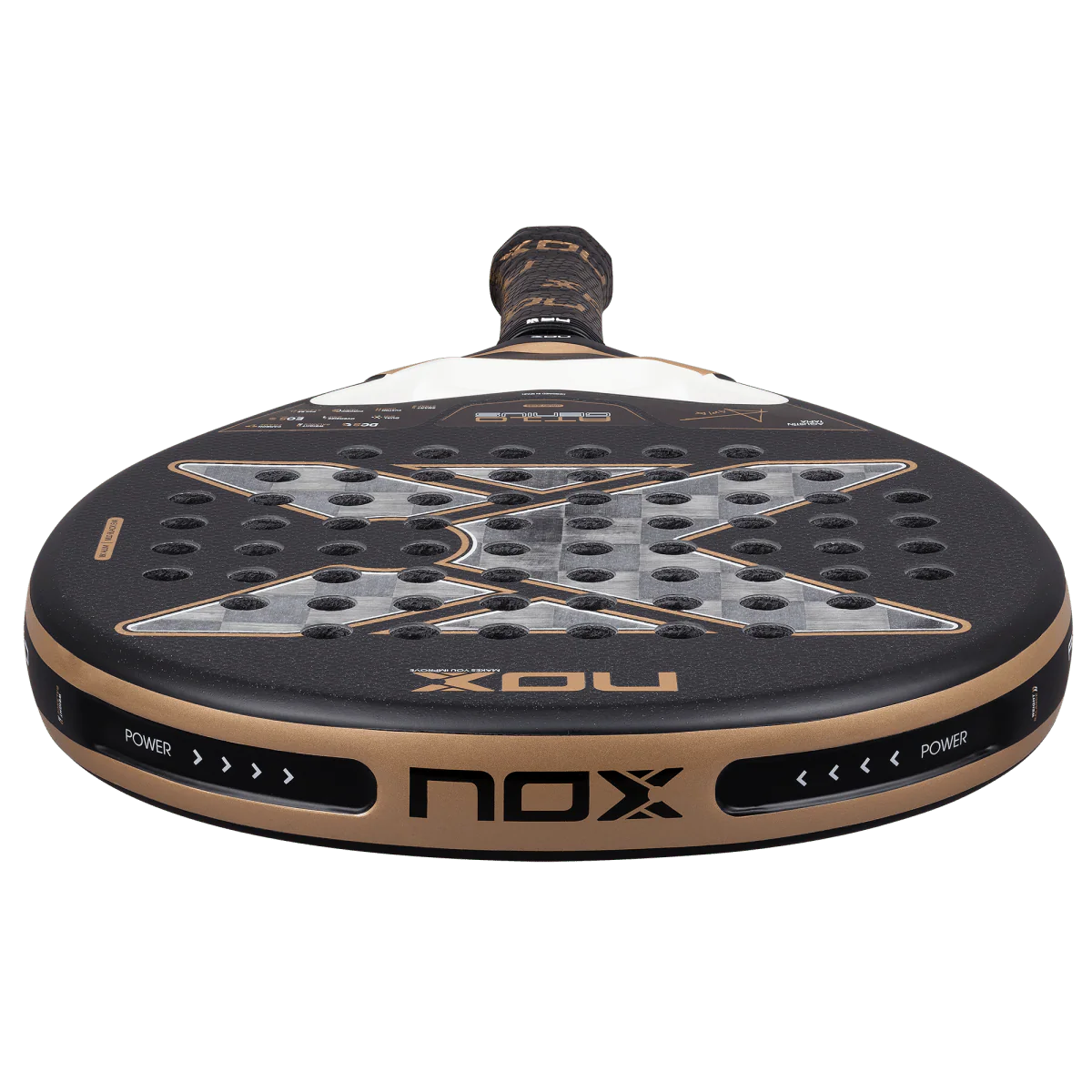 Nox AT10 Luxury Genius 18K Alum 2026 padel racket side view showing frame thickness and adjustable weight balance system, designed for advanced players