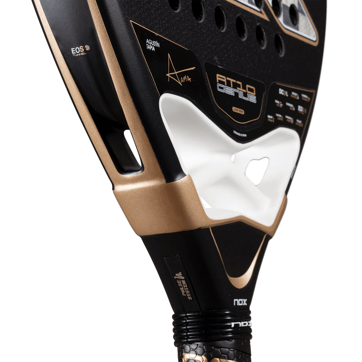Nox AT10 Luxury Genius 18K Alum 2026 padel racket angled close up showing throat structure and frame detailing, designed for advanced players