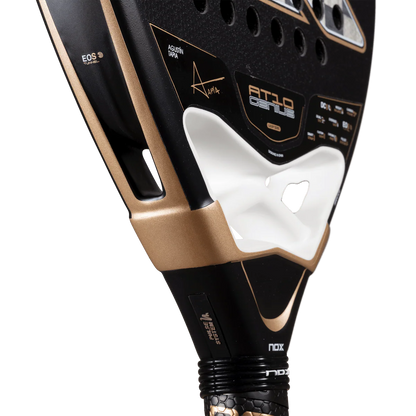 Nox AT10 Luxury Genius 18K Alum 2026 padel racket angled close up showing throat structure and frame detailing, designed for advanced players