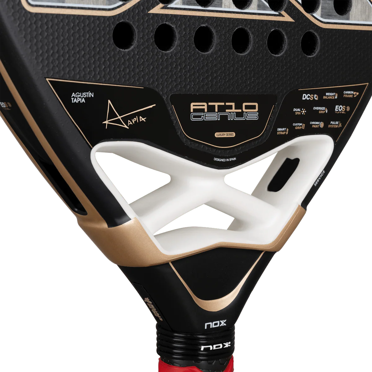 Nox AT10 Luxury Genius 18K Alum 2026 padel racket throat close up showing Tapia signature and AT10 Genius branding, designed for advanced players