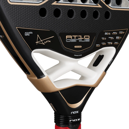 Nox AT10 Luxury Genius 18K Alum 2026 padel racket throat close up showing Tapia signature and AT10 Genius branding, designed for advanced players
