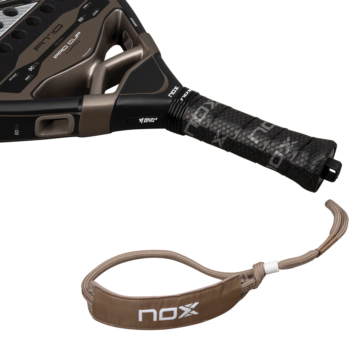 Nox AT10 Pro Cup Hard 2026 handle and wrist strap detail padel racket