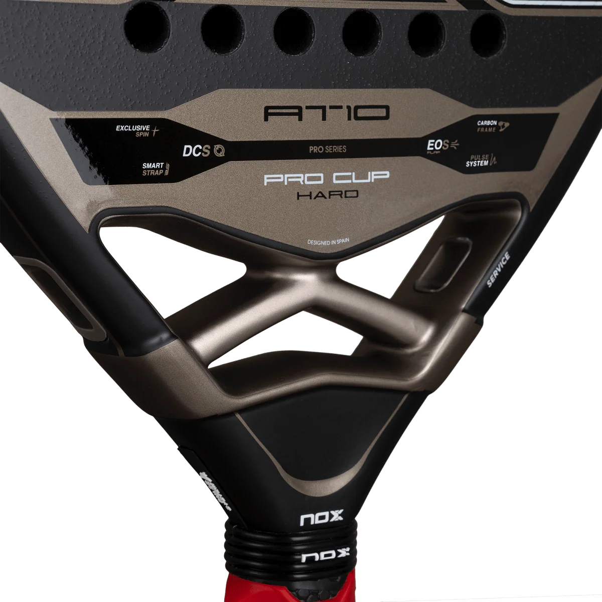 Nox AT10 Pro Cup Hard 2026 throat and bridge close up padel racket