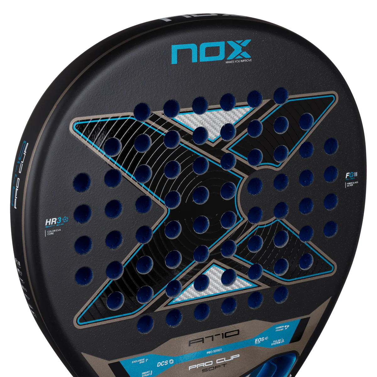 Nox AT10 Pro Cup Soft 2026 padel racket upper face close up showing hole pattern and Nox logo, designed for advanced players