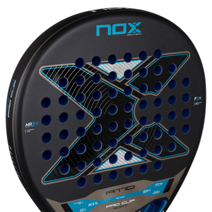 Nox AT10 Pro Cup Soft 2026 padel racket upper face close up showing hole pattern and Nox logo, designed for advanced players