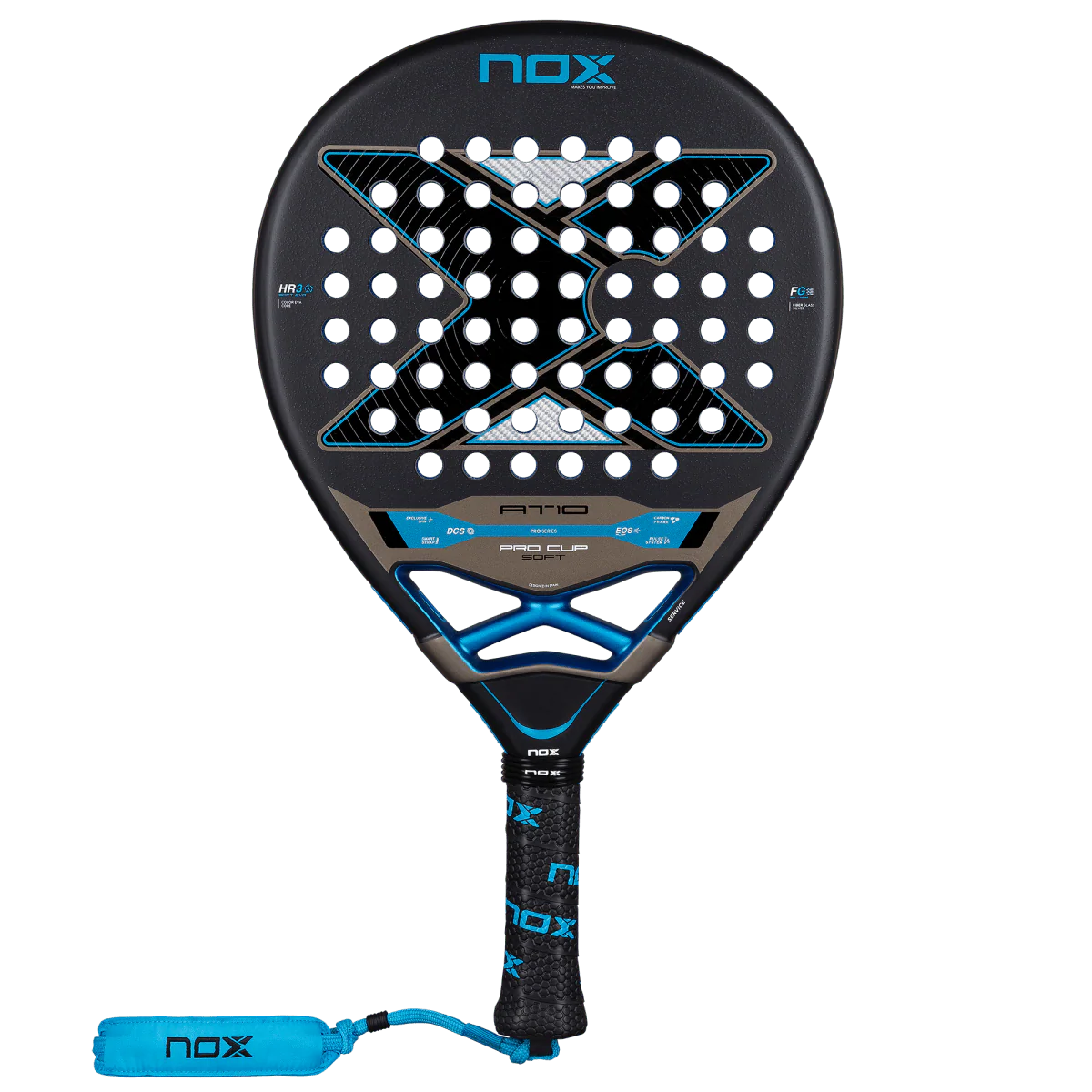 Nox AT10 Pro Cup Soft 2026 padel racket front view showing teardrop shape and blue detailing, designed for advanced players