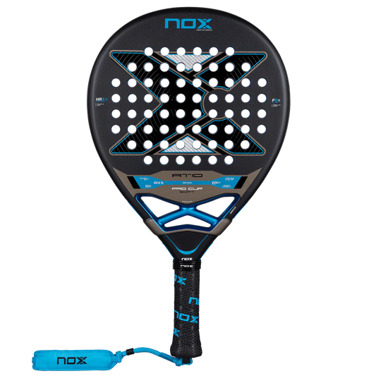 Nox AT10 Pro Cup Soft 2026 padel racket front view showing teardrop shape and blue detailing, designed for advanced players