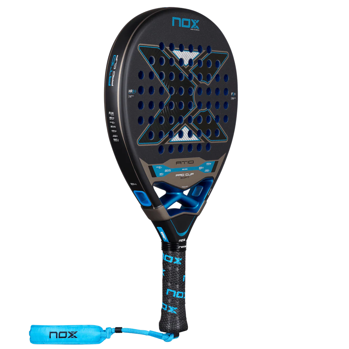 Nox AT10 Pro Cup Soft 2026 padel racket full view with black grip and wrist strap, designed for advanced players