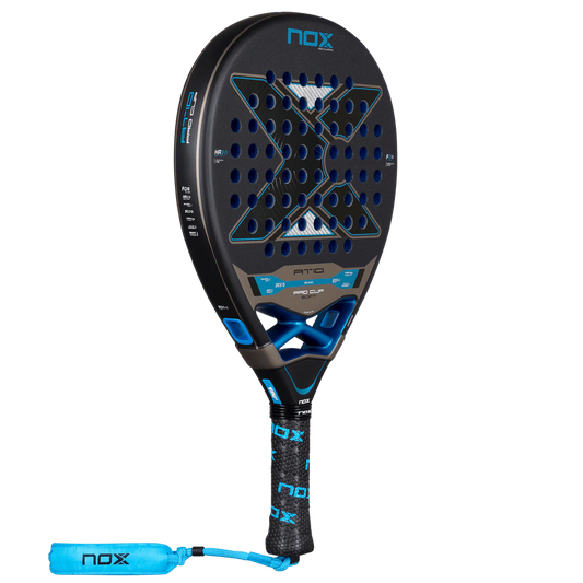 Nox AT10 Pro Cup Soft 2026 padel racket full view with black grip and wrist strap, designed for advanced players