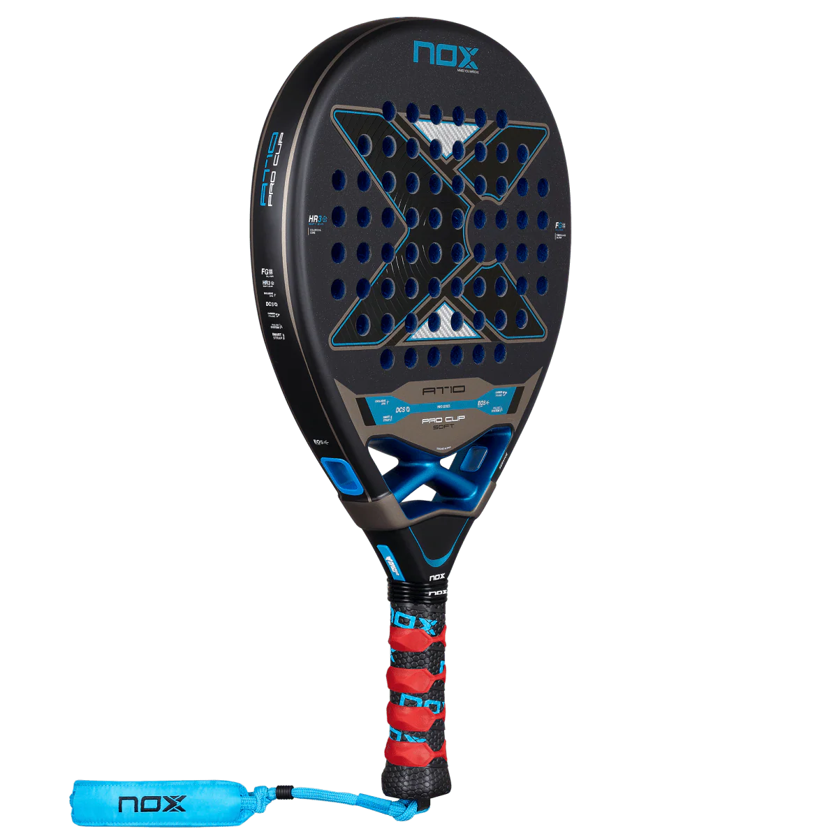 Nox AT10 Pro Cup Soft 2026 padel racket full view with red overgrip and wrist strap, designed for advanced players