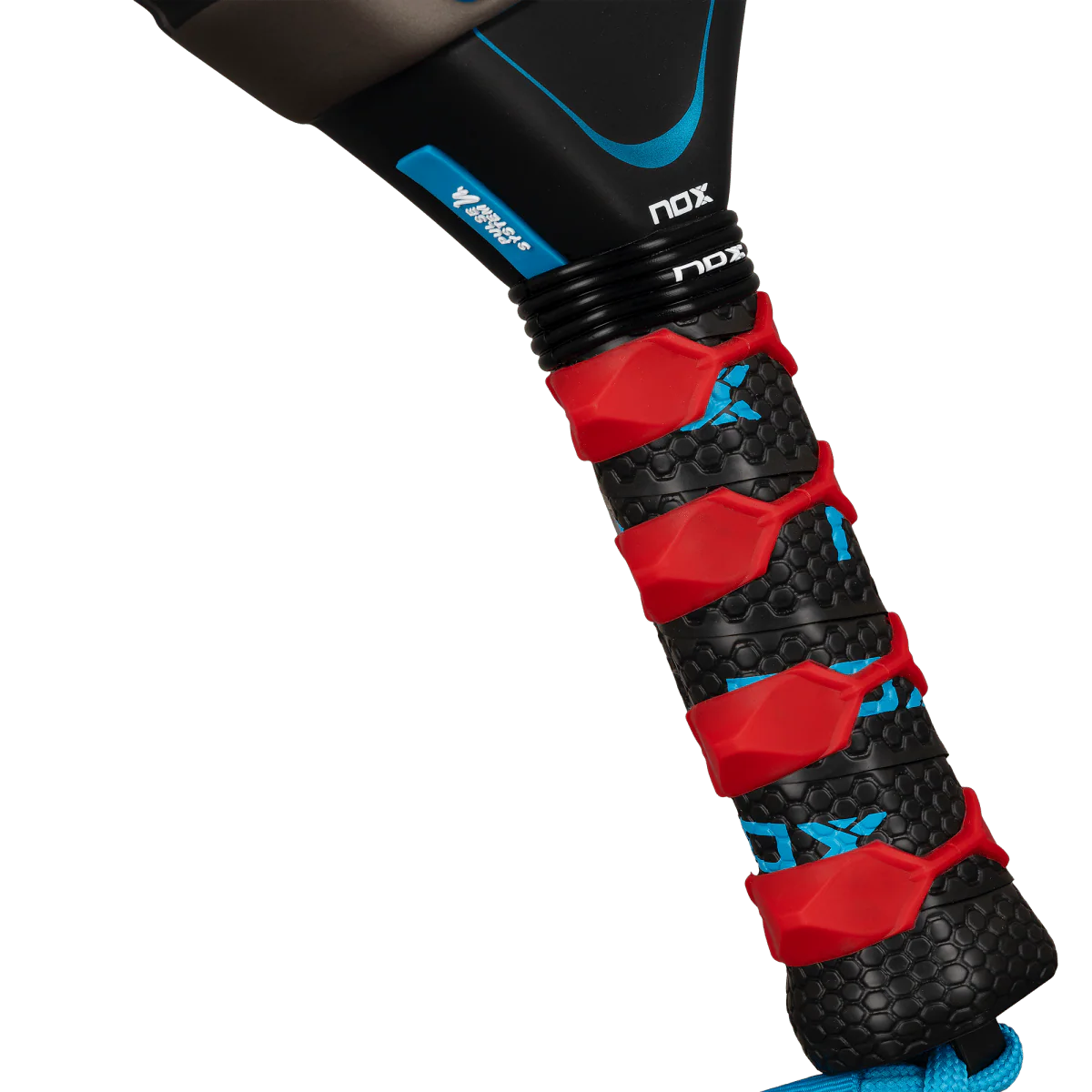 Nox AT10 Pro Cup Soft 2026 padel racket grip close up with red overgrip and textured handle, designed for advanced players