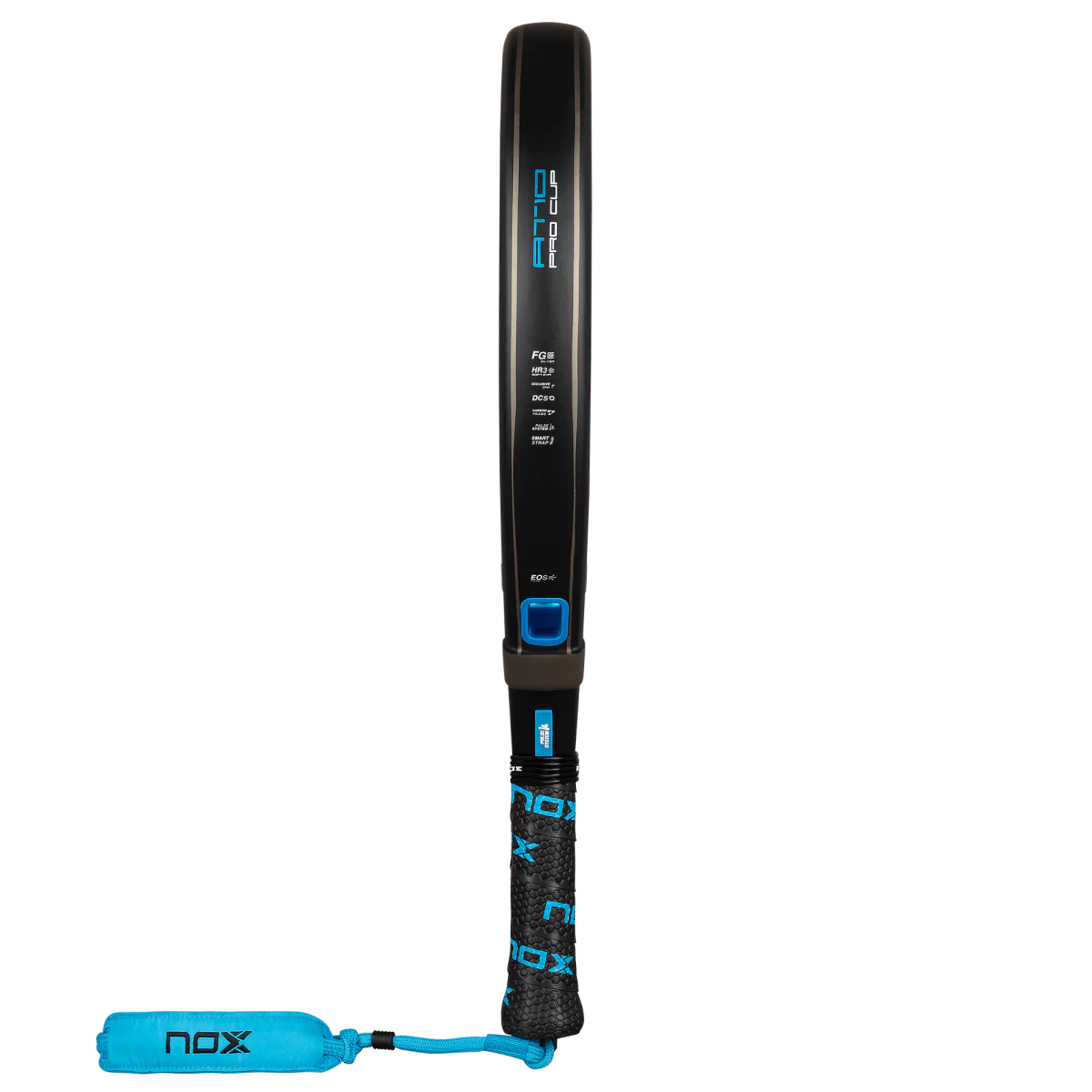 Nox AT10 Pro Cup Soft 2026 padel racket side profile showing frame thickness with black grip and wrist strap, designed for advanced players
