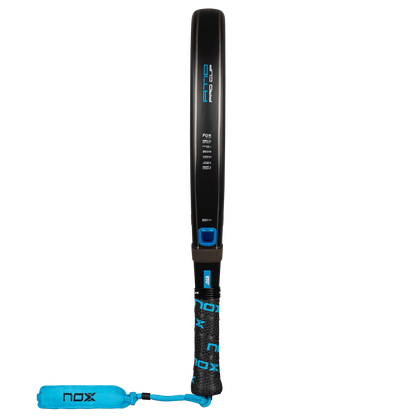 Nox AT10 Pro Cup Soft 2026 padel racket side profile showing frame thickness with black grip and wrist strap, designed for advanced players