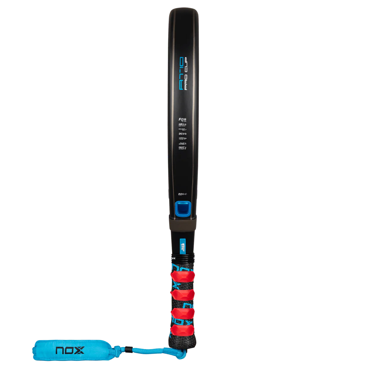 Nox AT10 Pro Cup Soft 2026 padel racket side profile showing frame thickness with red overgrip and wrist strap, designed for advanced players