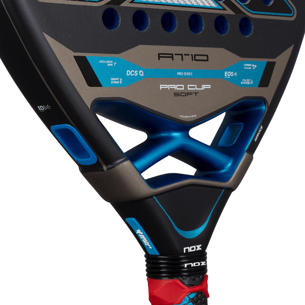 Nox AT10 Pro Cup Soft 2026 padel racket throat close up showing bridge structure and blue detailing, designed for advanced players