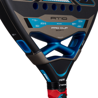 Nox AT10 Pro Cup Soft 2026 padel racket throat close up showing bridge structure and blue detailing, designed for advanced players