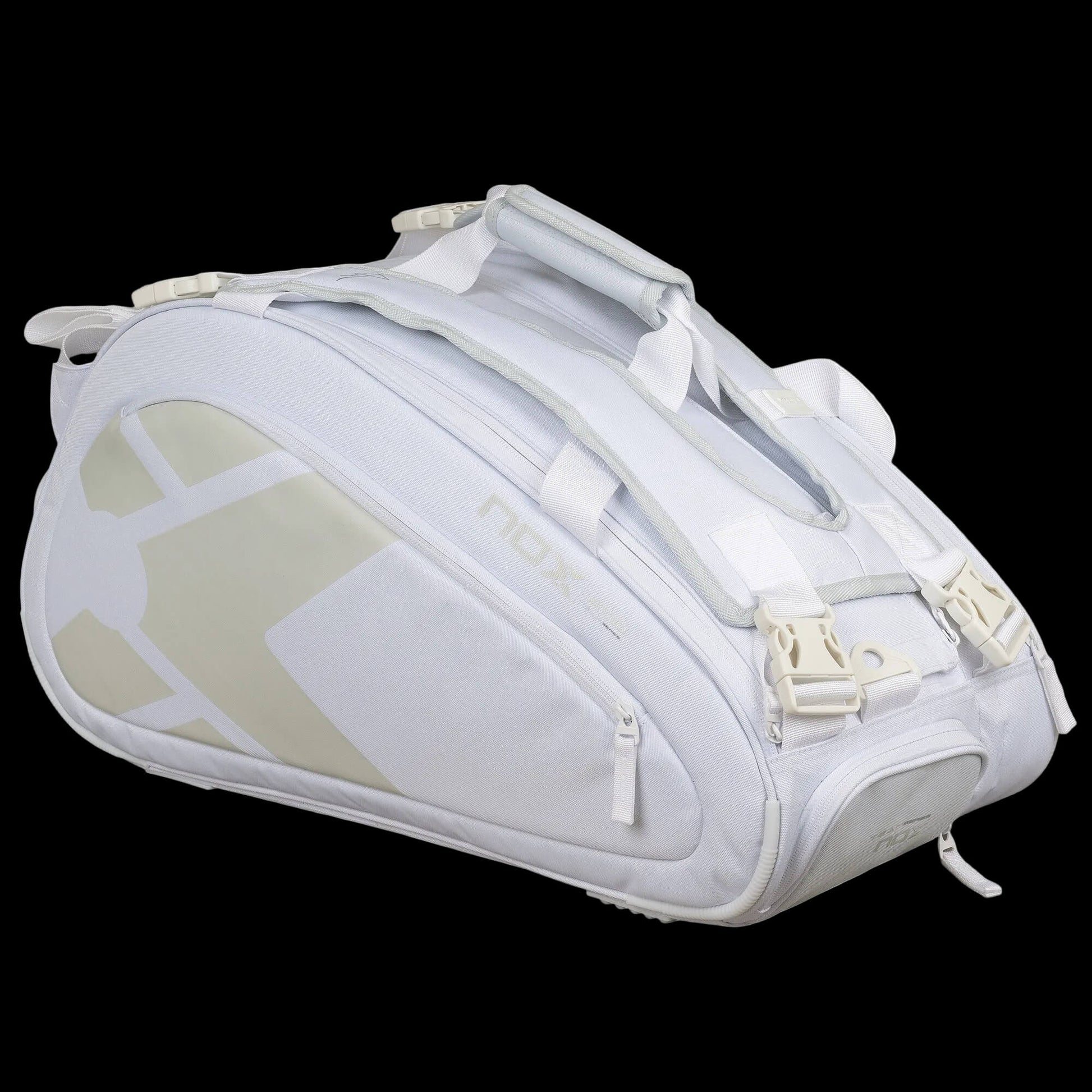 Nox AT10 Team white padel bag angled view showing side panel and carry straps, designed for all level players
