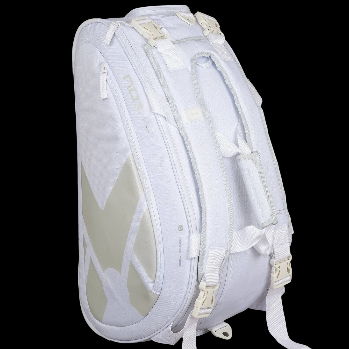 Nox AT10 Team white padel bag backpack straps view showing padded carry system, designed for all level players