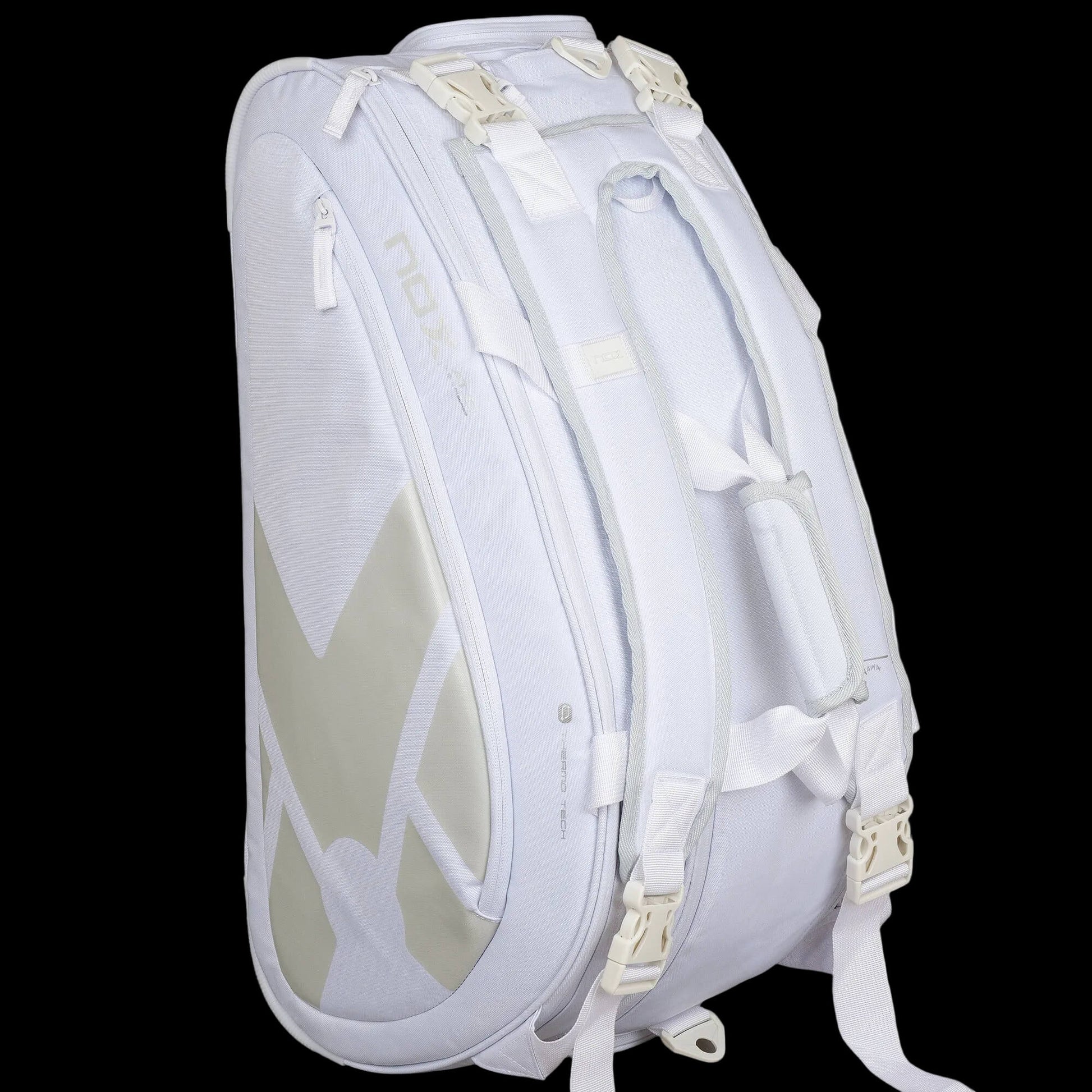 Nox AT10 Team white padel bag backpack straps view showing padded carry system, designed for all level players