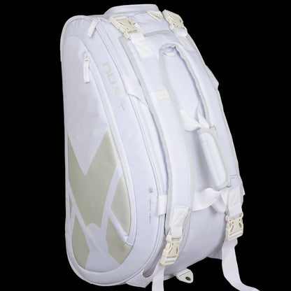Nox AT10 Team white padel bag backpack straps view showing padded carry system, designed for all level players