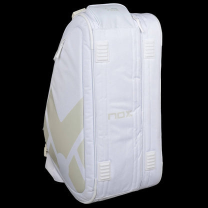 Nox AT10 Team white padel bag bottom base view showing protective feet and white finish, designed for all level players