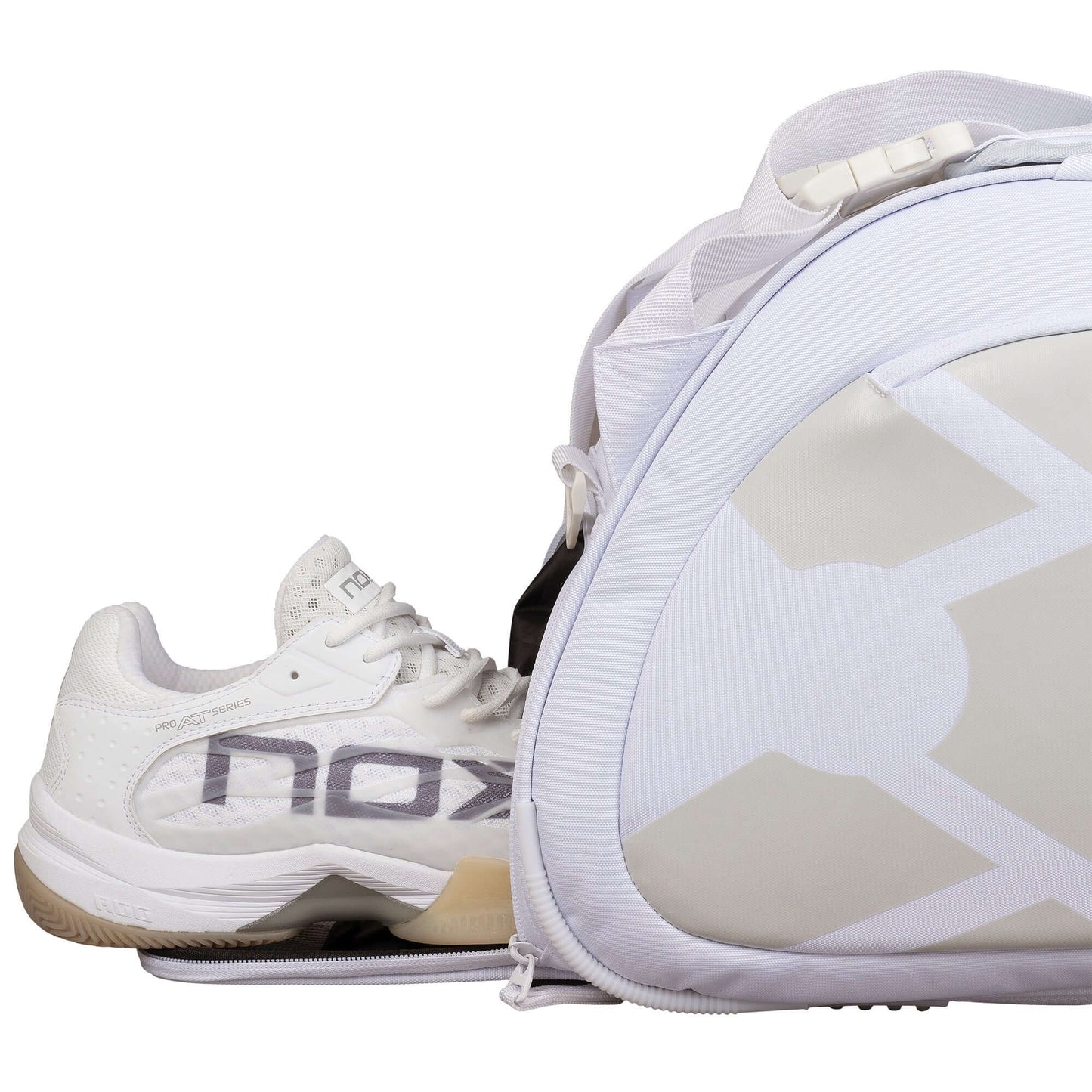 Nox AT10 Team white padel bag shoe compartment view with trainer storage, designed for all level players