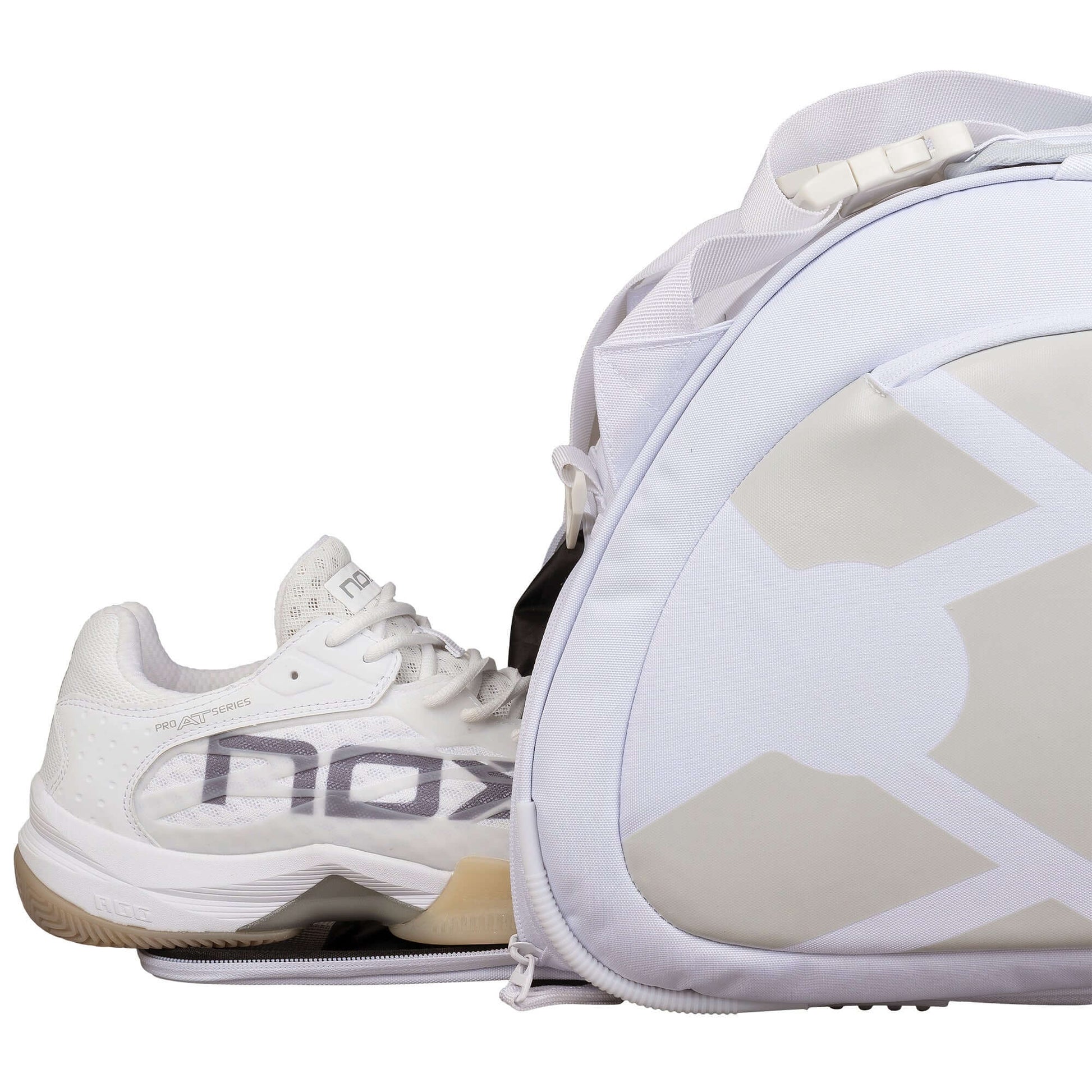 Nox AT10 Team white padel bag shoe compartment view with trainer storage, designed for all level players